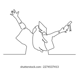 Continuous line art or one line drawing of greeting card of graduation students card concept, linear style and hand drawn vector illustrations. 