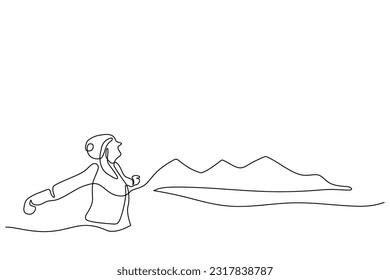 Continuous line art or One Line Drawing of a woman stretching arms is relaxing picture