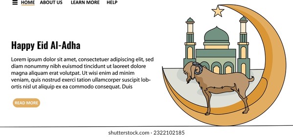 Continuous line art or One Line drawing of a Goat mosque and moon for vector illustration landing page and banner, muslim holiday Eid Al-Adha
