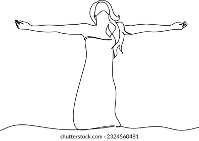 Continuous line art or One Line Drawing of a woman stretching arms is relaxing picture vector illustration