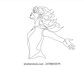 Continuous line art or One Line Drawing of a woman stretching arms is relaxing picture vector illustration