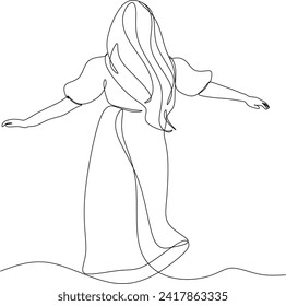 Continuous line art or One Line Drawing of a woman stretching arms is relaxing picture vector illustration