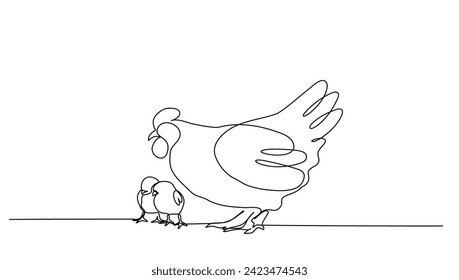 Continuous line art or One Line drawing of chicken for vector illustration, business farming. chicken pose concept. graphic design modern continuous line drawing