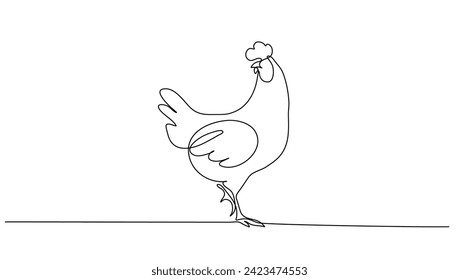 Continuous line art or One Line drawing of chicken for vector illustration, business farming. chicken pose concept. graphic design modern continuous line drawing