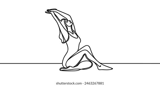 Continuous line art or One Line Drawing of a woman stretching arms is relaxing picture.vector illustration.