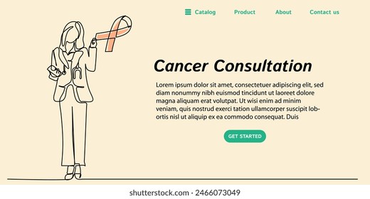 continuous line art or one line drawing of women and ribbon for vector illustration landing page and banner, world cancer day	
