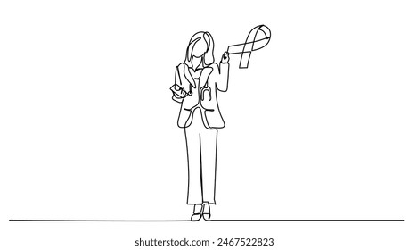 Continuous line art or One Line drawing of standing women and ribbon symbol for vector illustration, medical. World cancer day concept	
