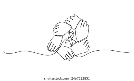 Continuous line art or One Line drawing of togetherness to fight cancer for vector illustration, medical. World cancer day concept	
