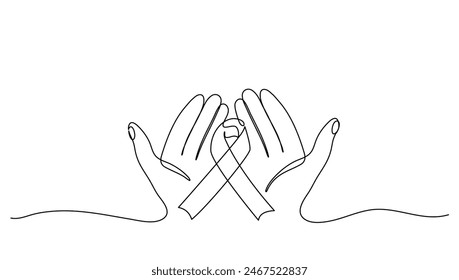 Continuous line art or One Line drawing of hand palm and ribbon for vector illustration, medical. World cancer day concept	
