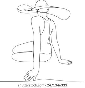 Continuous line art or one line drawing of a girl on the beach. Summer holiday happiness of carefree joyful woman standing on sandy tropical beach. Vector illustrations without artificial intelligence