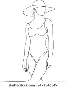 Continuous line art or one line drawing of a girl on the beach. Summer holiday happiness of carefree joyful woman standing on sandy tropical beach. Vector illustrations without artificial intelligence