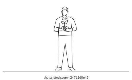 Continuous line art or one line drawing of man standing with plant on hand, for world environment day concept graphic design modern continuous line drawing	
