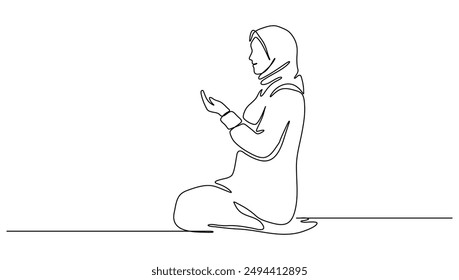 Kontinuierliche Linienkunst oder One Line-Zeichnung einer muslimischen Frau, die mit dem Konzept der Vektorillustration gegen Qibla betet, Ramadan Kareem. Grafikdesign Modernes, kontinuierliches Linienzeichnen	