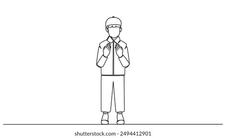 Continuous line art or One Line drawing of little boy for vector illustration, ramadan karem. Kids standing pray pose concept. graphic design modern continuous line drawing	

