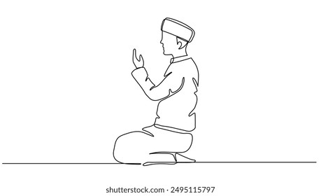 Arte de línea continua o dibujo de una línea de un hombre musulmán rezando con concepto de Ilustración vectorial, Ramadan Kareem