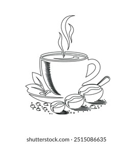 Dibujo de línea continua o una línea Dibujo de café caliente y humo, Una taza de café concepto de dibujo, taza de café línea continua Ilustración vectorial