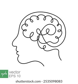 Continuous line art and one line drawing of a human head with brain. Linear outline stroke, mechanical and robotic technology with advanced. Vector illustration isolated on white background. EPS 10.