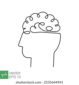 Uma arte de linha contínua e um desenho de linha de uma cabeça humana com cérebro. Traçado de contorno linear, tecnologia mecânica e robótica com avançado. Ilustração vetorial isolada sobre fundo branco. EPS 10.