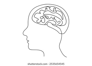 Continuous line art or One Line Drawing of a human brain, mechanical and robotic technology with advanced.
