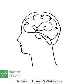 Continuous line art and one line drawing of a human head with brain. Linear outline stroke, mechanical and robotic technology with advanced. Vector illustration isolated on white background. EPS 10.
