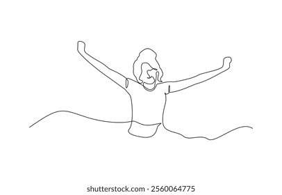 Continuous line art or One Line Drawing of a woman stretching arms is relaxing, Happy man and woman raising hands in an exercise of relax and breathing, one line continuous drawing.