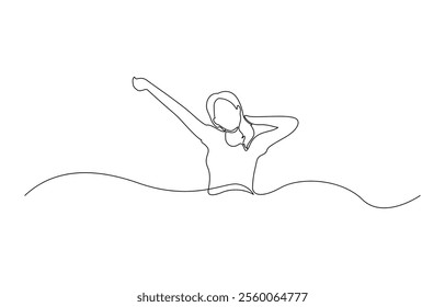 Continuous line art or One Line Drawing of a woman stretching arms is relaxing, Happy man and woman raising hands in an exercise of relax and breathing, one line continuous drawing.