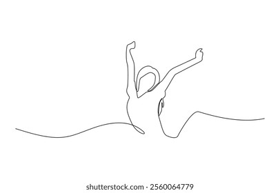 Continuous line art or One Line Drawing of a woman stretching arms is relaxing, Happy man and woman raising hands in an exercise of relax and breathing, one line continuous drawing.