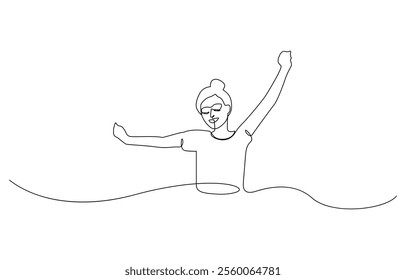 Continuous line art or One Line Drawing of a woman stretching arms is relaxing, Happy man and woman raising hands in an exercise of relax and breathing, one line continuous drawing.