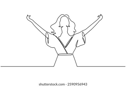 Continuous line art or One Line Drawing of a woman stretching arms is relaxing, One line continuous drawing. Person stretching arms as symbol of freedom and openness to peace.