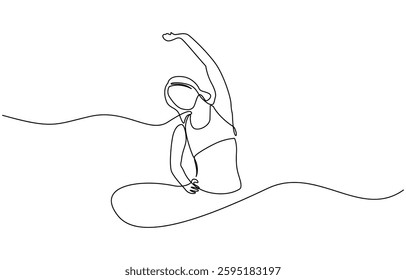 Continuous line art or One Line Drawing of a woman stretching arms is relaxing, One Line Drawing of a woman stretching arms is relaxing picture vector illustration.