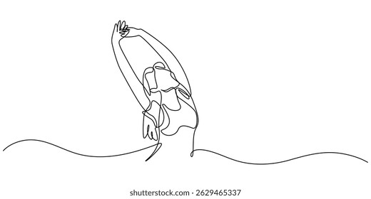 Arte de linha contínua ou Desenho de Uma Linha de uma mulher esticando os braços é imagem relaxante, mulher levantando as mãos em um exercício de relaxar e respirar, liberdade e abertura para a paz.