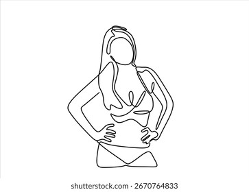 Arte de línea continua o un dibujo de línea de una niña en la playa. Felicidad de las vacaciones de verano de la mujer alegre despreocupada, niña de la postal del verano en un traje de baño. Vector dibujado a mano de una línea. Trazo editable	
