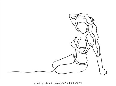 Arte em linha contínua ou desenho em uma linha de uma menina na praia. Felicidade de férias de verão da mulher alegre despreocupada, Menina de cartão postal de verão em um traje de banho.Mão desenhou um vetor de linha. Traçado editável	