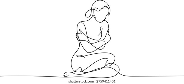 Continuous line art or One Line Drawing of a woman sitting hugging herself. linear style and Hand drawn vector illustrations, outline. one line Icon drawing
