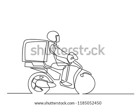 Continuous line art or One Line Drawing of Delivery Man Ride Scooter Motorcycle Cartoon Vector illustration