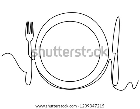 	
Continuous line art or One Line Drawing of plate, khife and fork. linear style and Hand drawn Vector illustrations Stock photo © 