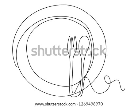 Continuous line art or One Line Drawing of plate, khife and fork. linear style and Hand drawn Vector illustrations
