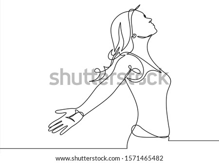 Continuous line art or One Line Drawing of a woman stretching arms is relaxing picture vector illustration