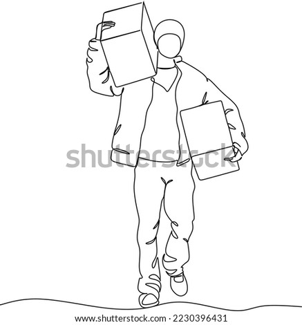 Continuous line art or One Line Drawing of delivery man standing with parcel post