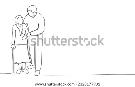Continuous line art or One Line Drawing of a man is helping senior woman picture vector illustration