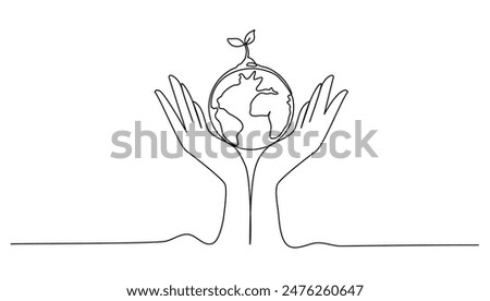 Continuous line art or One Line drawing of hand and earth, for world enviroment day concept graphic design modern continuous line drawing	