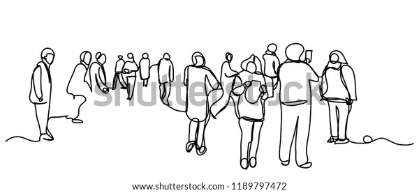 Continuous line art or One Line Drawing of a\
group of people to travel\
walking,.
