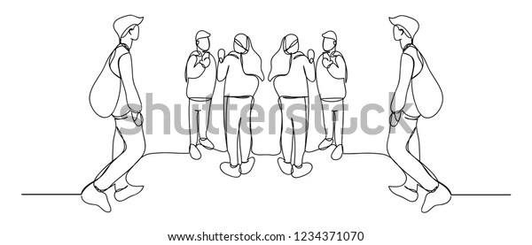Continuous line art or One Line\
Drawing of people walking, photographing, talking,\
traveling