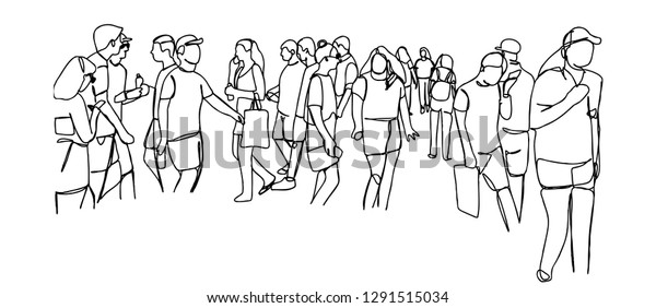 Continuous line art or One Line Drawing of a\
group of people to travel\
walking,.