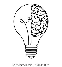 Arte de línea continua o una línea Una bombilla Medio cerebro Concepto lógico Vector para la idea de negocio