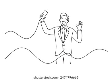 Continuous line art or One Line random line Drawing of businessman, wearing suit hand on phone exciting, continuous line art.
