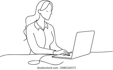 Continuous line art or One Line random line Drawing of An illustration of a woman at her desk, focused on her laptop screen.