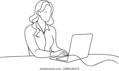 Dibujo de una mujer en su escritorio, enfocado en la pantalla de su computadora portátil.