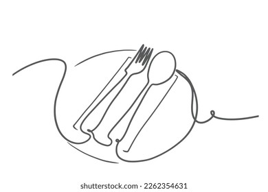 Continuous line art or one-line drawings of the plate, khife, and fork linear style and Hand drawn Vector illustrations