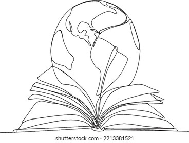 Continuous line art of open book with planet earth. Books are the windows to the world, reading is the key to knowledge. Vector illustration. 